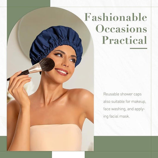 Reusable Shower Cap for Women, Large Waterproof Shower Essentials Bonnet Washable Elastic Band Bath Hair Wrap Hat for Long Hair, Braids(Navy)