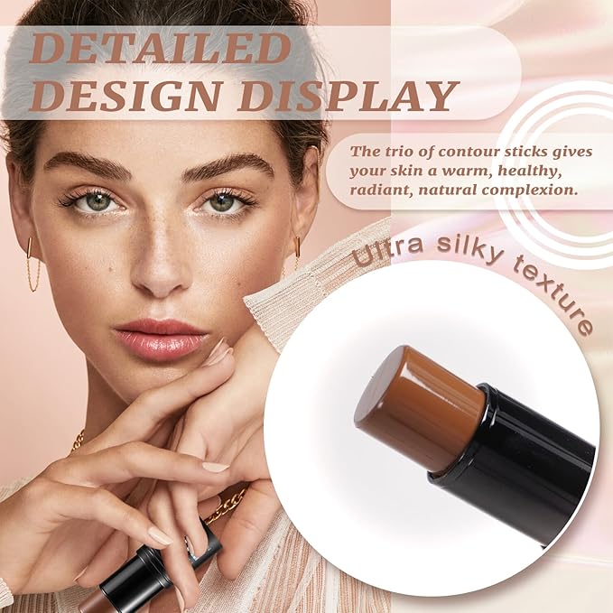 3 Pcs Cream Contour Sticks, Contour Makeup Shades with Highlighter Stick, Blush Stick and Bronzer Stick, Contour Kit with Contour Brush Blendable, Waterproof, Long-lasting