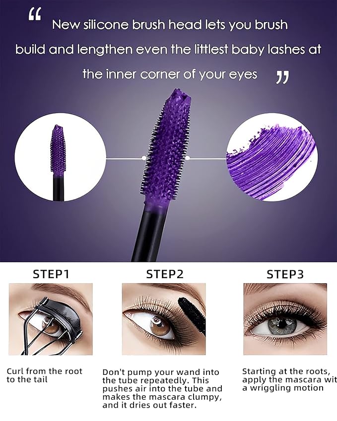 5D Colored Mascara for Eyelashes-3 Colors Blue Purple Green Longlasting Waterproof Mascara Volume and Length,Curling Fiber rimel de pestañas,Women's Day Cosplay Eye Makeup Gift for Women Girl