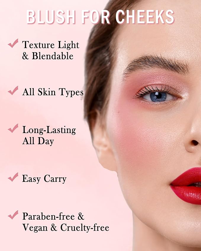 Blush Powder for Cheeks,Gradual Shimmer Pink Blusher Palette with Brush,Lightweight Buildable Color Blush Hightlighter Powder,Longlasting Waterproof Facial Makeup,Mother's Day Gift for Women Girl-04#