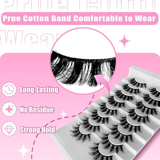 8Pair 3D False Eyelashes Fluffy Natural Look PACK Volume Fluffy Natural Faux Mink Lashes(3D999 DRAK PINK)