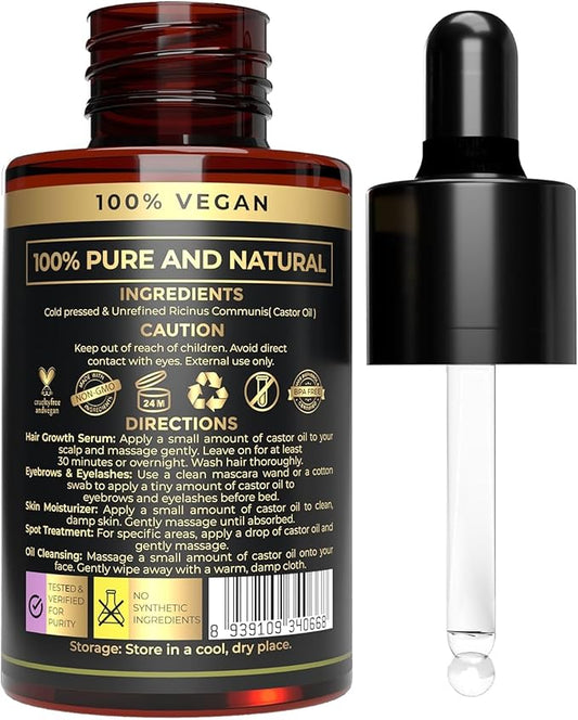 USDA Organic Castor - Cold-Pressed, Hexane-Free, Pure & Natural for Hair, Skin, Face, Eyebrows & Eyelashes - Glass Bottle, Carrier for Essential Oils Mixing, Laxative, 1 Fl Oz