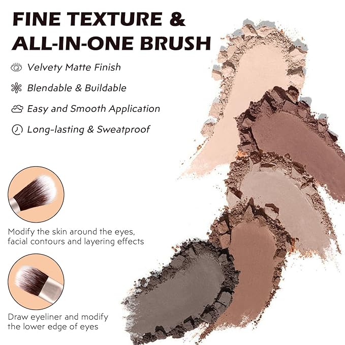 5 Colors Matte Eyeshadow Palette with Brush - Neutral Nude Taupe Dark Brown Eye Shadow Palette Makeup, Natural Waterproof Cool-Toned Eyeshadow for Green & Blue & Brown Eyes and Smokey Makeup, 06#