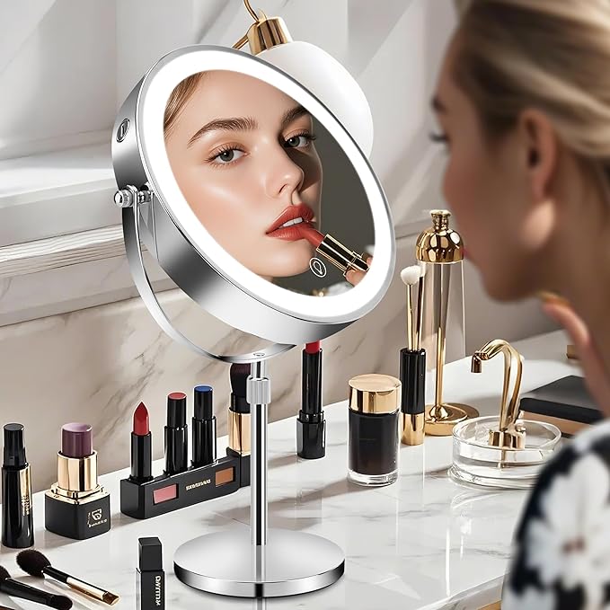 8.7" Large Lighted Makeup Mirror, 1X/10X Magnifying Mirror with 3 Color Dimmable Lights, Double Sided Vanity Mirror, Height Adjustable, 360° Swivel Cosmetic Mirror for Women Girl(Silver)