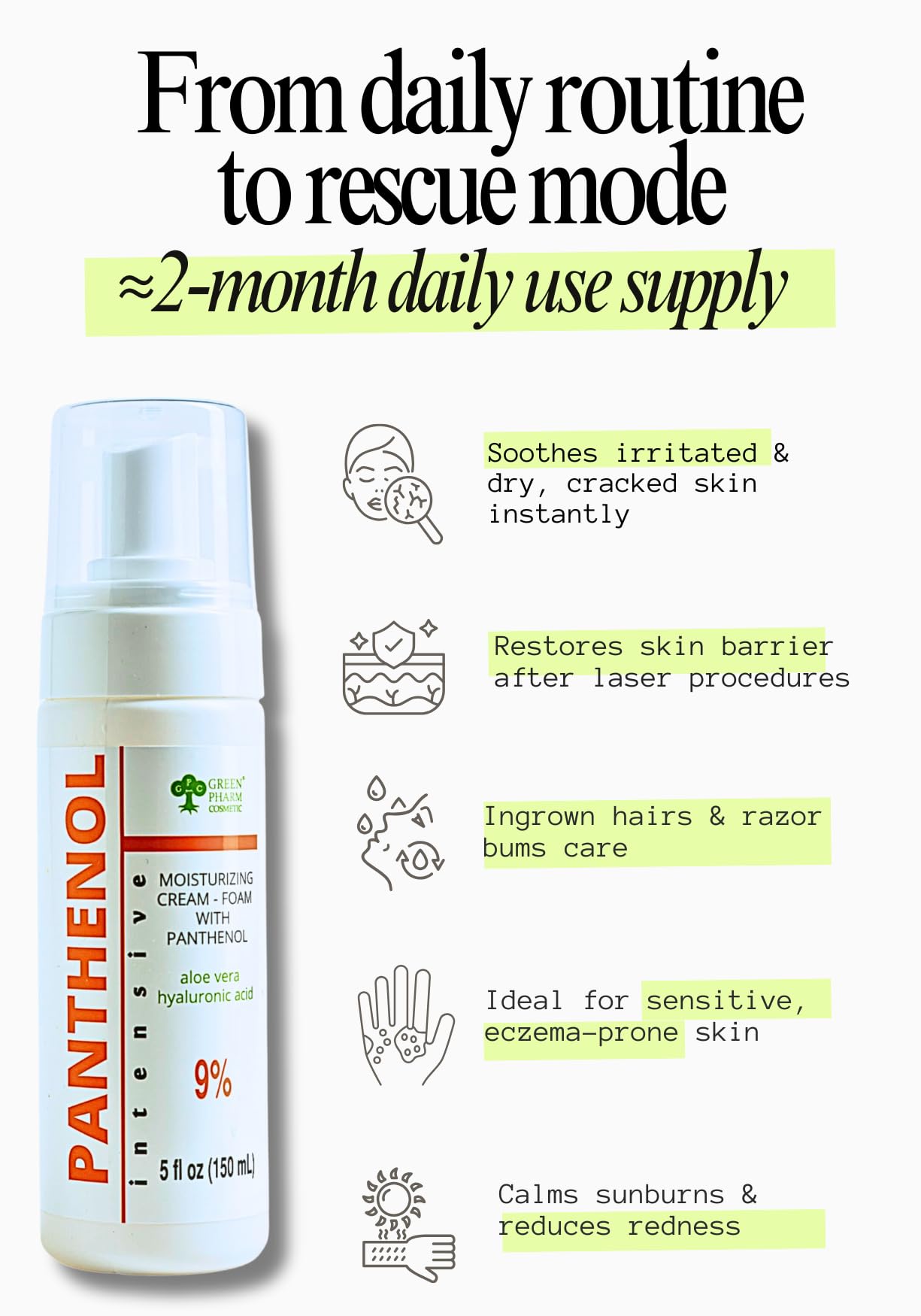 9% Panthenol Foam Spray - Redness Relief Moisturizer | Acne, Burn & Skin Repair with Aloe & Hyaluronic Acid – Post-Laser, Stitches, Tattoo & Hair Transplant, 5Oz