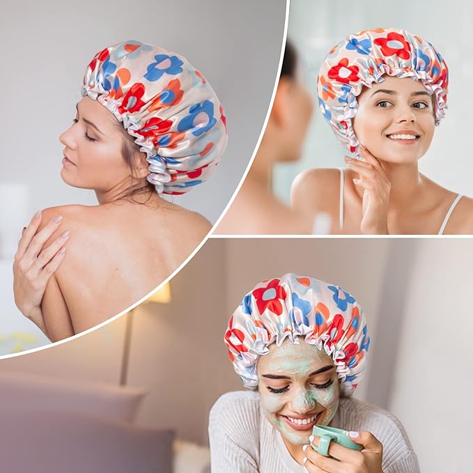 Aquior Large Shower Cap, Shower Cap for Women Reusable Waterproof, Bath Hair Cap for All Hair Lengths,for Ladies, Men and Kids (Flower)