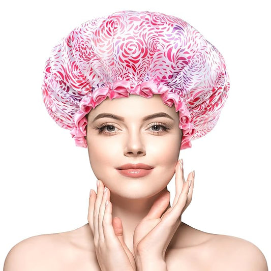 mikimini Shower Caps, Reusable Bath Shower Caps 2 Packs for Women Long Hair, Double Layer Waterproof Bathing Shower Hat for Girls, Floral Print