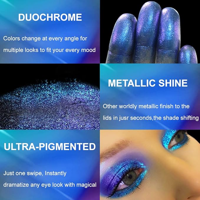 Afflano Duo Chrome Glitter Blue Eyeshadow, Intense Color Shifting Metallic Chameleon Eyeshadow Blue, Highly Pigmented Multichrome Eyeshadow for Blue Eyes Makeup, Single Sparkling Blue Eye Shadow