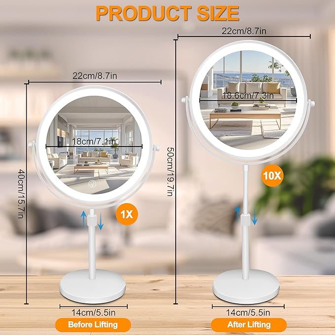 8.7" Large Lighted Makeup Mirror, 1X/10X Magnifying Mirror with 3 Color Dimmable Lights, Double Sided Vanity Mirror, Height Adjustable, 360° Swivel Cosmetic Mirror for Women Girl(White)