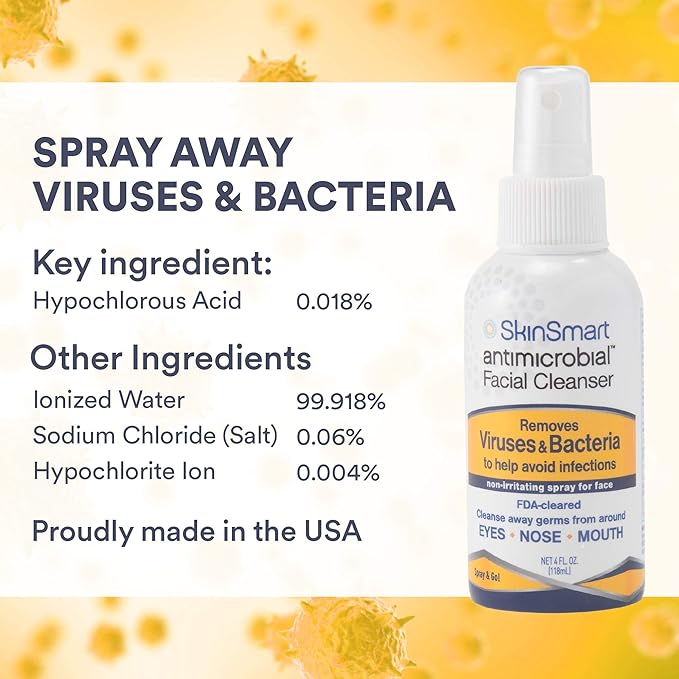 SkinSmart Antimicrobial Facial Cleanser Spray to Remove Viruses and Bacteria Around Eyes, Nose and Mouth, Fight Maskne, 2 oz Spray (3 Pack) Non-Irritating Hypochlorous Acid