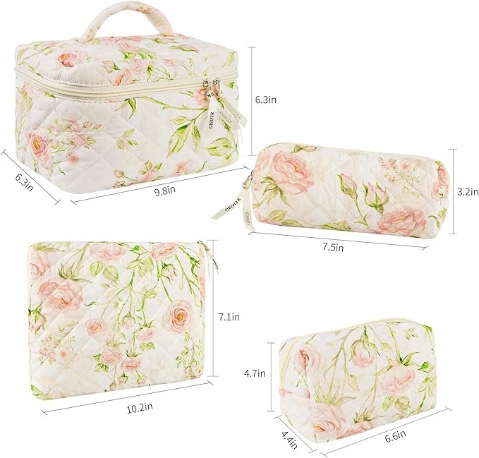 4Pcs Quilted Makeup Bag Set Cute Floral Cosmetic Bag Cotton Coquette Make up Bag Aesthetic Travel Toiletry Bag for Women Girls