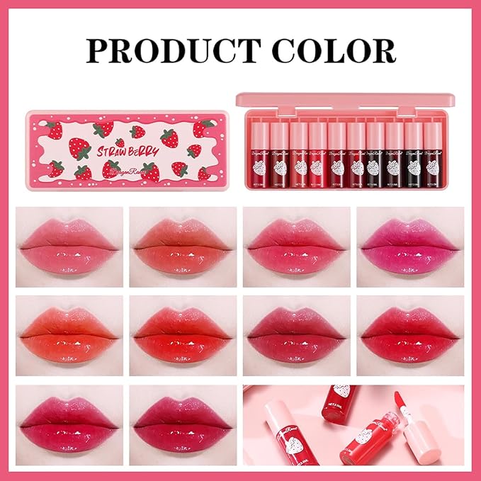 Eakroo 10 Colors Lip Stain Tint Set, Korean Lip Gloss Watery Lip Stain Set, Natural Moisturizing Korean Lip Tint, High Pigment, Long-Lasting, Non-Stick Cup, Vivid Color, Lip Tint Makeup (Set A, Large)