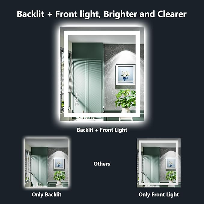 32x36 Inch LED Bathroom Mirror with Lights Front and Backlit Lighted Vanity Mirror for Bathroom Wall with 3 Colors Dimmable Anti-Fog Memory Shatter-Proof IP54 Waterproof Horizontal/Vertical