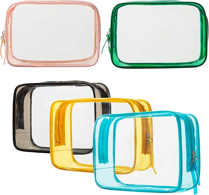 5 Pack Clear Plastic Zippered Toiletry Carry Pouch TSA Approved Toiletry Bag Portable Cosmetic Makeup Bag for Vacation, Bathroom and Organizing (Pink, Small)