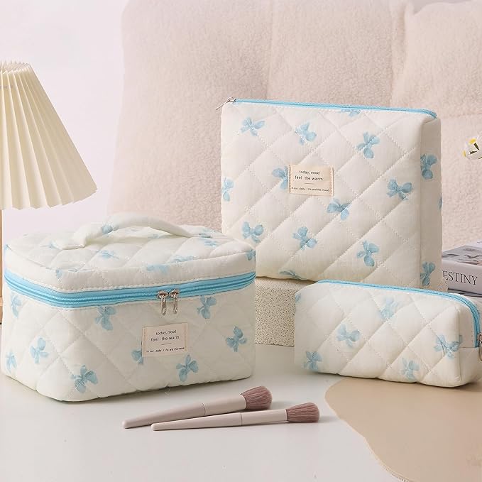 3 Piece Cute Blue Bow Quilted Makeup Bag Set, Large Capacity Travel Makeup Bags for Women and Girls, Includes Small, Medium, and Extra Large aesthetic makeup&Cosmetic Bags (3PCS-Blue Bow)