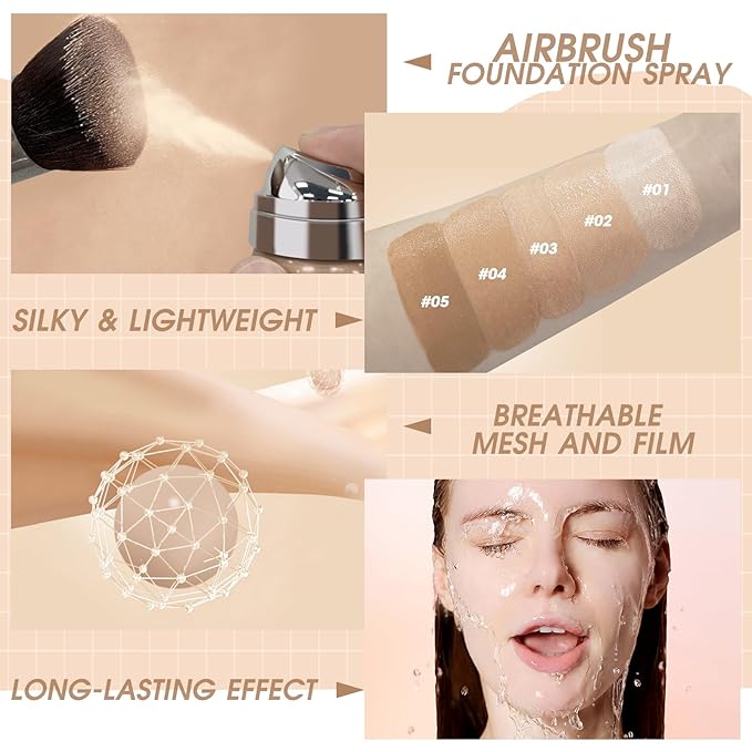 AirBrush Foundation Spray, Silky Mist Spray Makeup Kit with Brush, Full Coverage Foundation for Smooth Radiant Finish, Formula Breathable Lightweight Hydrating | #04 Buff Beige