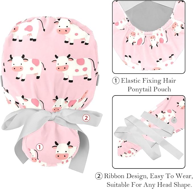 2 PCS Bouffant Cap with Button Ponytail Pouch Working Cap Sweatband Adjustable Surgical Cap Black and White Cow