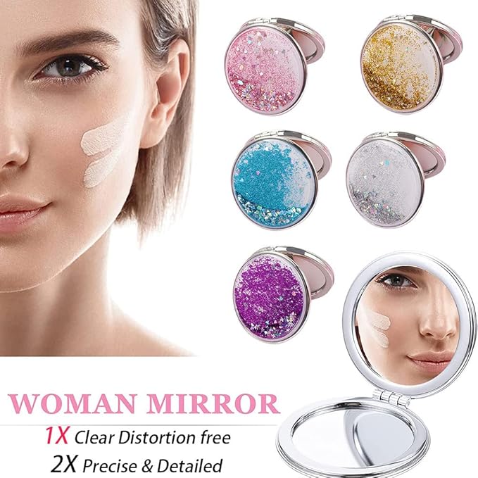AKOAK 1 Pack Compact Mirror, Portable Quicksand Pocket Travel Makeup Mirror, Folding Hand-held Double Sided 1x/2x Magnifying Glass, Great Gift for Women and Girls (Silver)