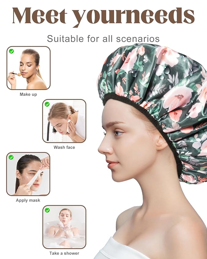Auban Terry Lined Triple Layer Large Shower Cap for Women, Waterproof Hair Cap