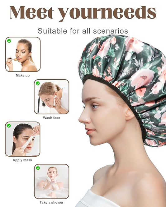 Auban Terry Lined Triple Layer Large Shower Cap for Women, Waterproof Hair Cap