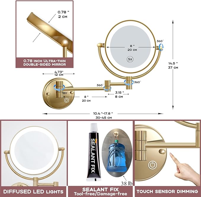 Brass Wall Mounted Makeup Vanity Mirror with Light and Magnification, 1X/5X Double Sided LED Lighted Personal Mirror for Bathroom, Swivel Extendable Arm, PVD Zirconium Gold, Plug Powered