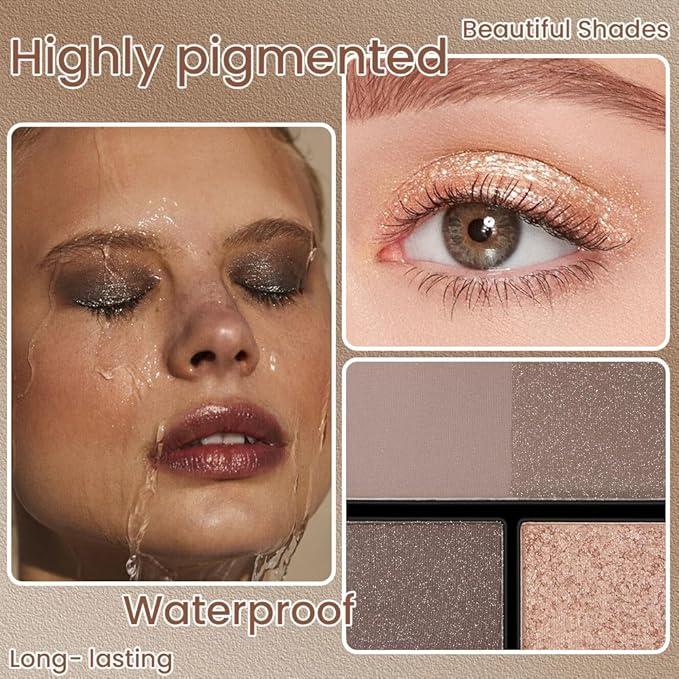 4 Colors Matte Shimmer Eyeshadow Palette for Eye Makeup, Rose Gold Dark Brown Gray Eyeshadow Quads Velvety Pigmented Blendable Matte, Talc-Free