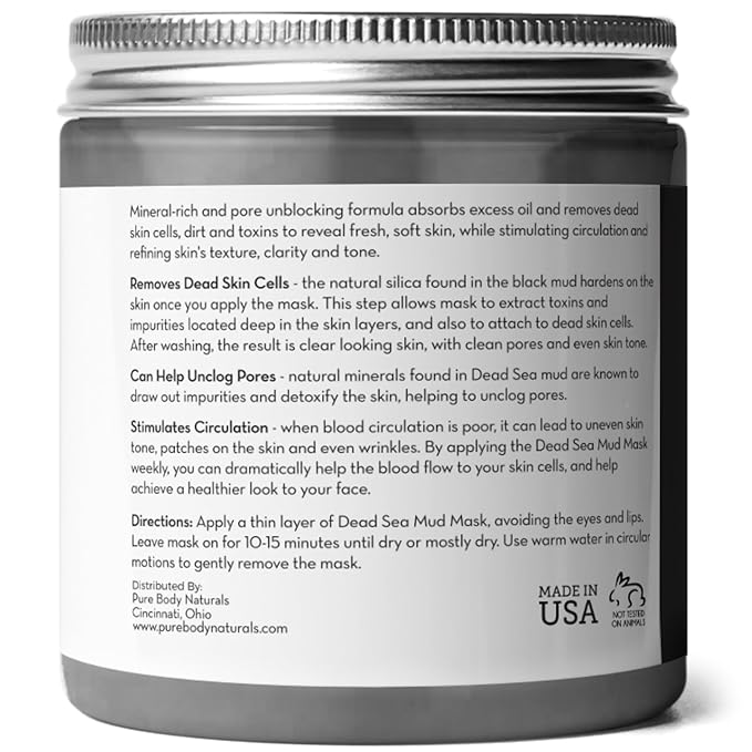 Pure Body Naturals Dead Sea Mud Mask - Face Mask and Body Mud for Acne, Blackheads, and Oily Skin - Facial Self Care for Men and Women - Minimize Pores with Deadsea Mud, Clay, Charcoal - 8.8 Ounce