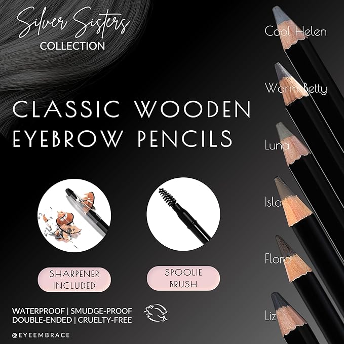 Eye Embrace Cool Helen Classic: Light Gray Wooden Eyebrow Pencil – Waterproof, Double-Ended Pencil with Sharpener & Spoolie Brush, Cruelty-Free