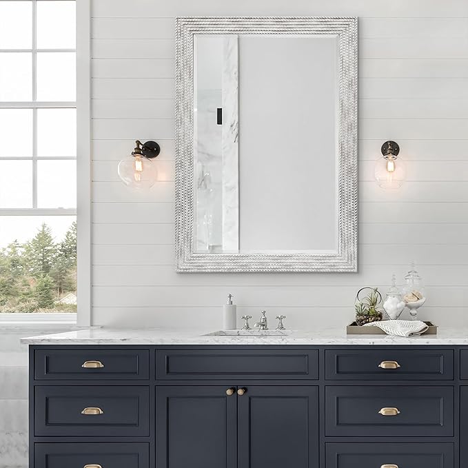 Americanflat 24x36 Wall Mirror - Hanging Mirrors with Durable Frame - Modern Mirror for Bathroom, Bedroom, Living Room - Mirrors for Wall Display and Home Decor - Metallic White with Beaded Texture