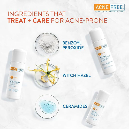 Acne Free 3 Step 24 Hour Acne Treatment Kit - Clearing System W Oil Free Acne Cleanser, Witch Hazel Toner, & Oil Free Acne Lotion - Acne Solution W/ Benzoyl Peroxide for Teens and Adults - Original