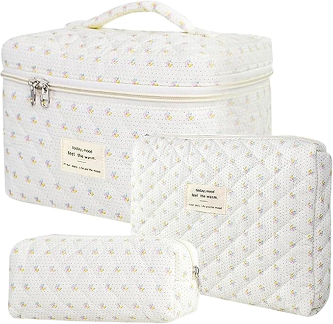 3 Pcs Quilted Makeup Bag Set,Cotton Coquette Make Up Bag,Cute Floral Makeup Bags Large Toiletry Cosmetic Bag Organizer for Women Girls (P2-3PCS)