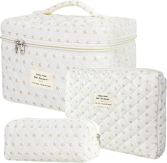 3 Pcs Quilted Makeup Bag Set,Cotton Coquette Make Up Bag,Cute Floral Makeup Bags Large Toiletry Cosmetic Bag Organizer for Women Girls (P2-3PCS)