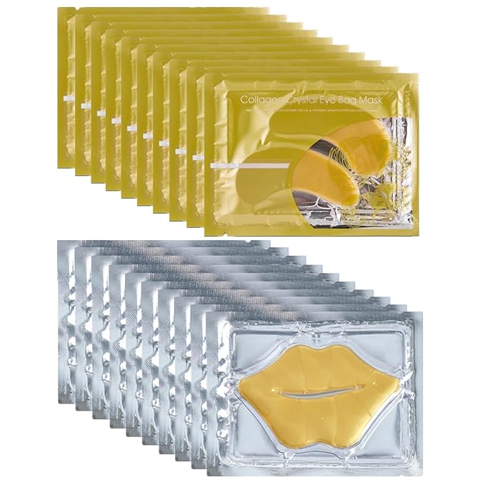 24K Gold Gel Crystal Collagen Eye and Lip Mask Set, 15 Pairs Gold Eye Mask & 15 Pcs Gold Lip Mask for Moisturizing, Collagen Under Eye Mask for Dark Circles Puffiness and Wrinkles