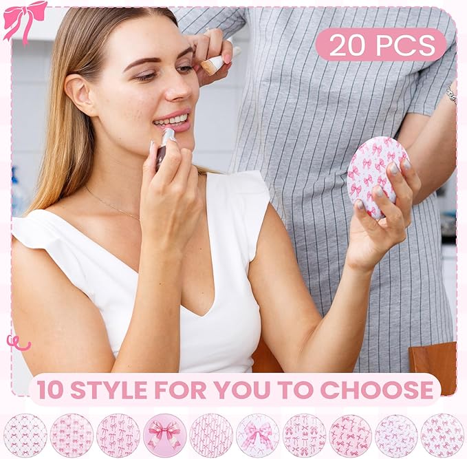 20 Pcs Pink Bow Coquette Compact Mirrors Bulk 2.76 Inch Round Portable Pocket Makeup Mirror Party Favors Gifts for Women Mother Bridal Shower Bachelorette Quinceanera Party Decor