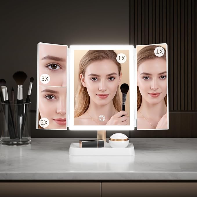 3- Folding Makeup Mirror, 76 lamp Beads, 3 Adjustable Color Modes,Long Press The Touch Button to Adjust The brightness1%-100%, 1x / 2X / 3X Magnification (1, Triplex Mirror Ivory White)