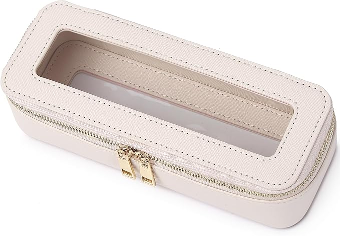 Makeup Brush Case Clear Travel Cosmetic & Toiletry Bag Small Makeup Bag with Zipper Purse Organizer Car Essential Bag for Women (Beige, SLIM)