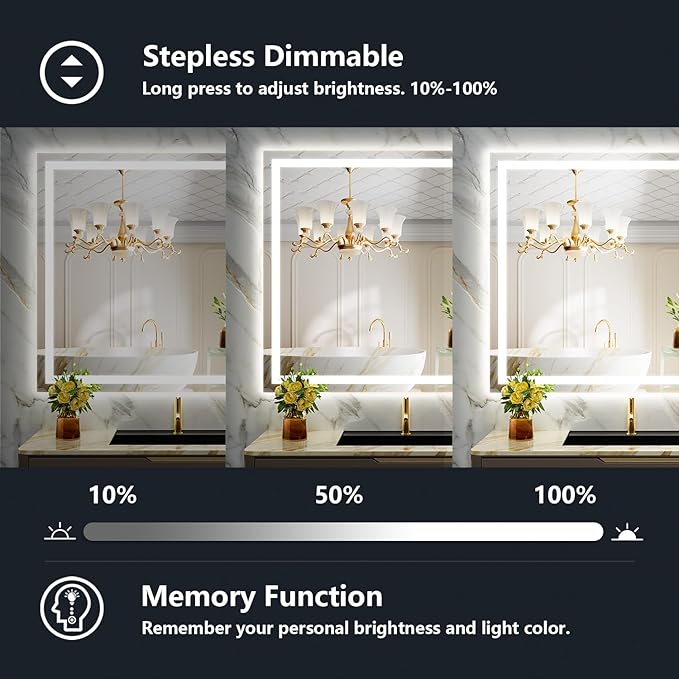 48x40 Inch LED Bathroom Mirror with Lights Front and Backlit Lighted Vanity Mirror for Bathroom Wall with 3 Colors Dimmable Anti-Fog Memory Tempered Glass Horizontal/Vertical