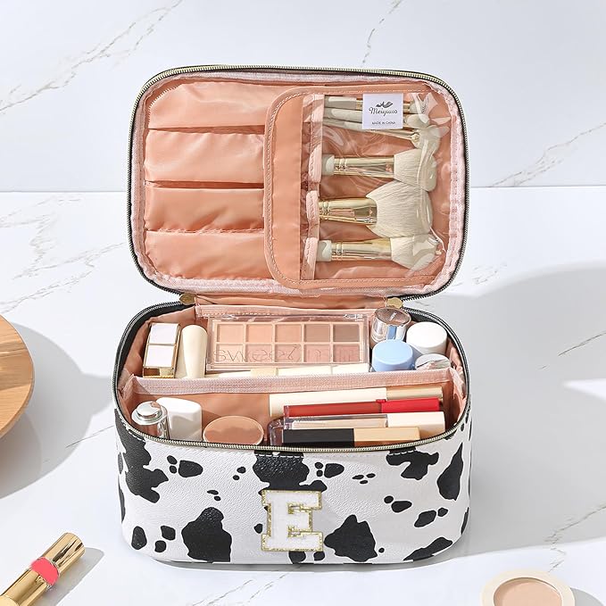 Meiyuuo Personalized Makeup Bag for Teen Girls Gifts Cute Cosmetic Bags Large Chenille Letter Bag Travel Pro Pouch Toiletry Organizer for Women Trendy Stuff with Divider and Handle Cow Print E