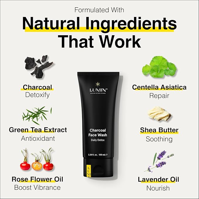 Lumin Charcoal Face Wash for Men Skincare - Daily Detox, Hydrating Face Cleanser, Removes Impurities, Exfoliates, Unclogs Pores, Controls Oil, Soothes Irritation, All Skin Types, 1 Pack
