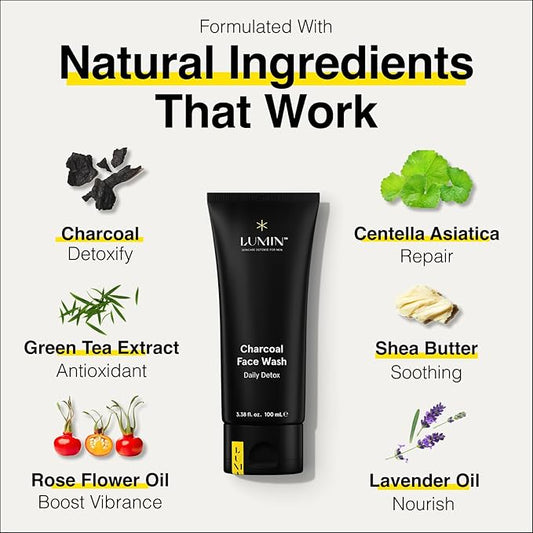 Lumin Charcoal Face Wash for Men Skincare - Daily Detox, Hydrating Face Cleanser, Removes Impurities, Exfoliates, Unclogs Pores, Controls Oil, Soothes Irritation, All Skin Types, 1 Pack