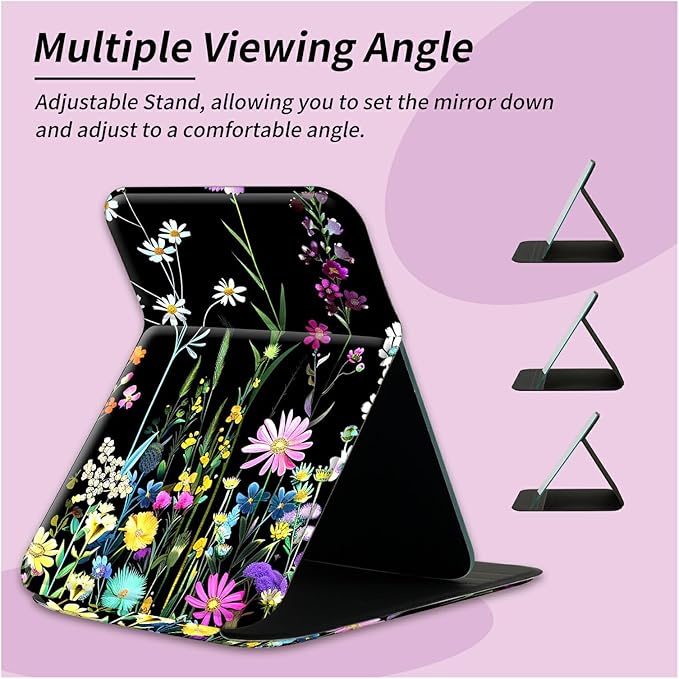 Beautiful Wildflowers Folding Travel Mirror Vanity Mirror PU Leather Portable Adjustable Rectangular Ultrathin Makeup Mirror,for Travel, Camping,Home
