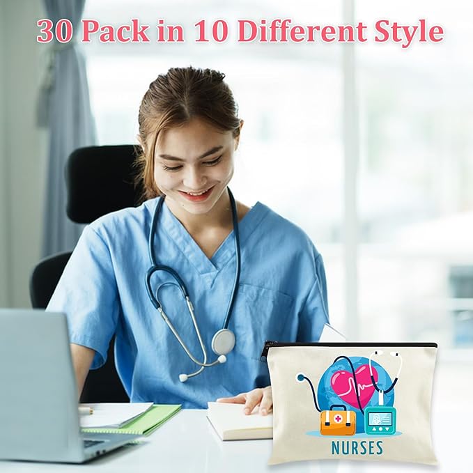 30 Pack Nurse Makeup Bags Nurse Cosmetic Bags Bulk Nurse Gift Survival Kit Funny Nursing Travel Toiletry Makeup Bag Nurse Appreciation Gifts for Women Men Thank You Nurse Appreciation Week Gift