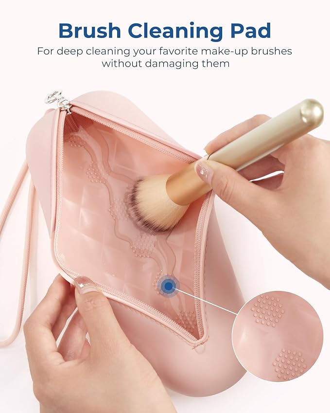 BAGSMART Makeup Brush Holder Bag with Metal Zipper Closure, Travel Make Up Brush Case Cosmetic Bag, Silicone Soft Portable Face Brushes Travel Essentials Organizer Holder, White