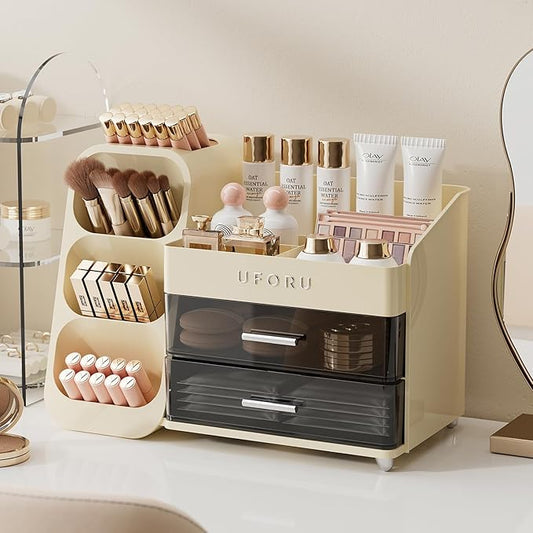 Makeup Organizer for Vanity, Countertop Organizer With Drawers, Spacious Cosmetic Display Case for Beauty Essential, Skincare, Lipstick, Cream White