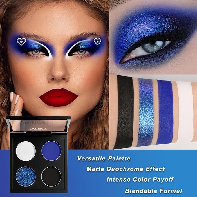 Afflano Multichrome Vibrant Blue Eyeshadow Palette, 4-Color Highly Pigmented Long-Lasting Blue Eyeshadow Makeup, Blendable Duochrome Shimmer Matte Shades for Natural & Smoky Eye Looks Travel-Size
