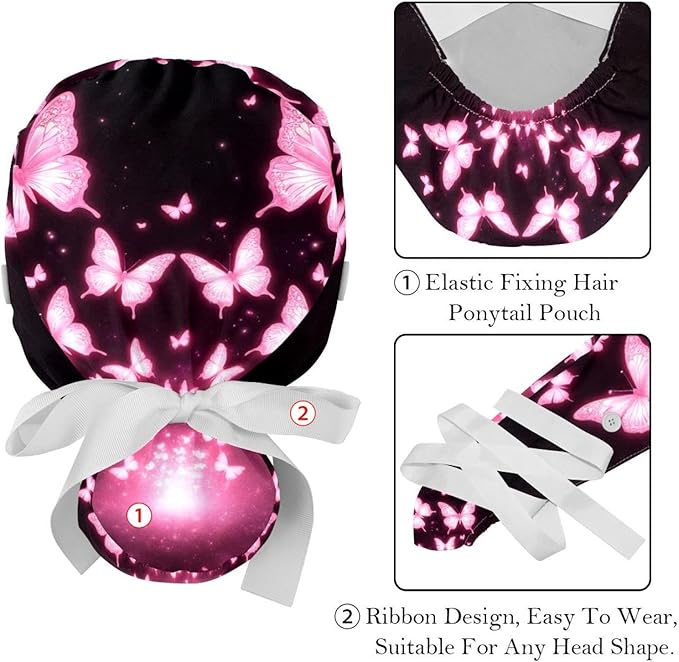 2 PCS Bouffant Cap with Button Ponytail Pouch Working Cap Sweatband Adjustable Surgical Cap Black and White Cow