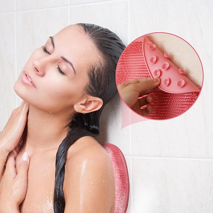 2PACK Shower Foot Scrubber Mat,Wall Mounted Back Scrubber Silicone Bath Massager Cushion Brush with Non-Slip Suction Cups,Foot Scrubber for Use in Shower for Improve Skin Exfoliation(Grey&Pink)