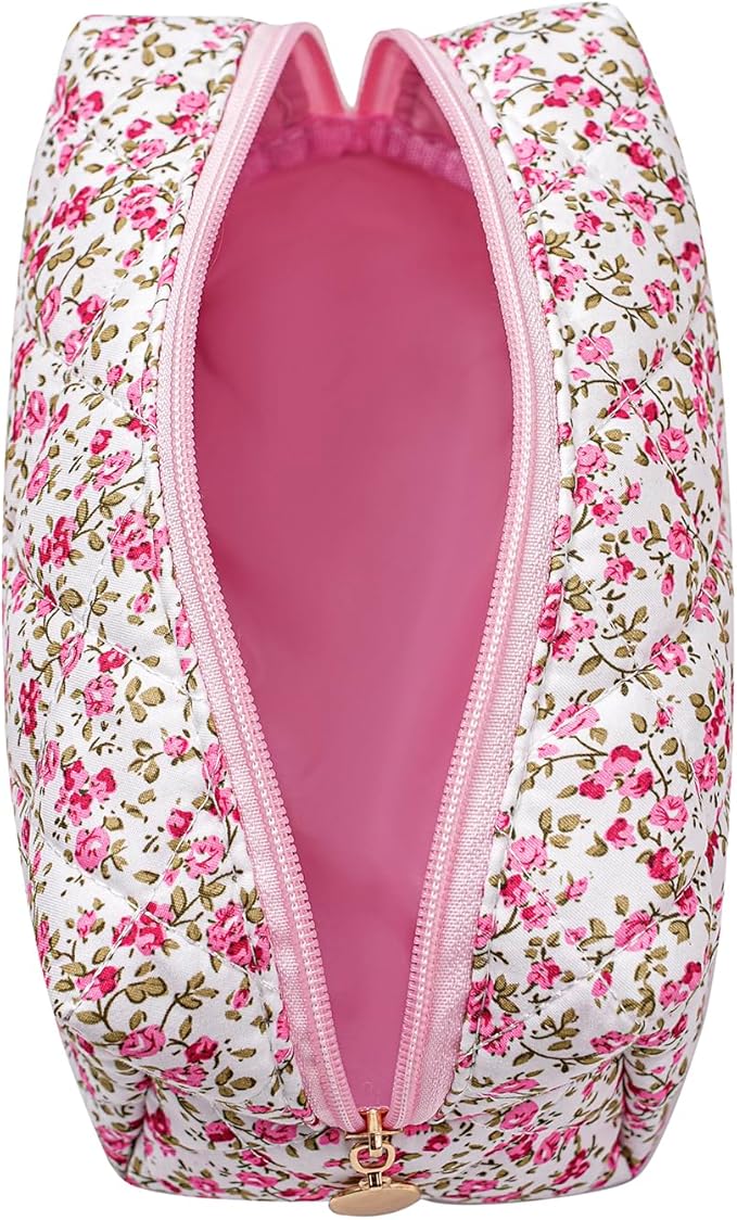 Makeup Bag Travel Cosmetic Bag for Women Girls, Zipper Make Up Pouch, Floral Flowers Toiletry Organizer Makeup, Portable Storage Cosmetic Travel Cloth Bag (Red Small Flower)