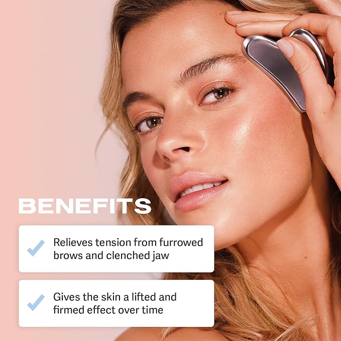 Sacheu Gua Sha Starter Kit with Slick Skin Oil — Face Gua Sha for Enhanced Lymphatic Drainage, Reduced Puffiness and Relieved Facial Tension — Metal Face Sculpting Tool With Travel Pouch