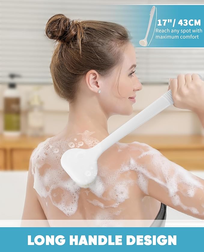 Back Scrubber for Shower with 17" Long Handle, Non-Slip Grip Shower Brush, Moderate Bristles Body Brush for Gentle Exfoliation, Back Brush for Shower Men & Women – White